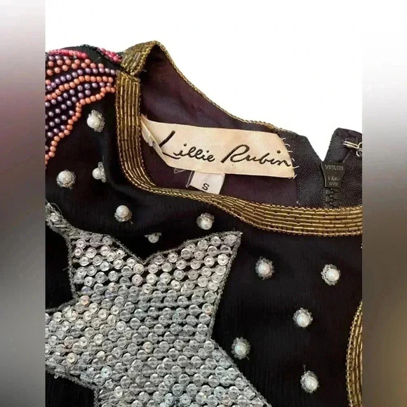 RARE VINTAGE 1980s Lillie Rubin Silk Beaded Cocktail Dress Size Small - Picture 5 of 13